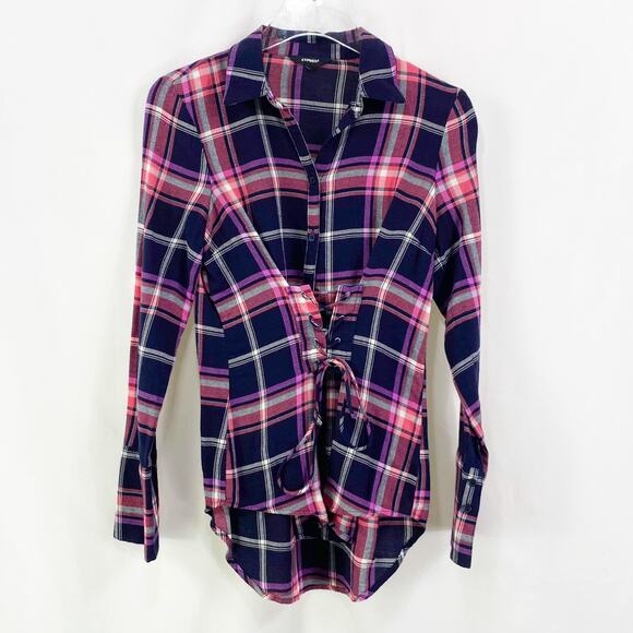 EXPRESS Plaid Checker Lace Up Button Up Long Sleeve Top - Picture 1 of 9